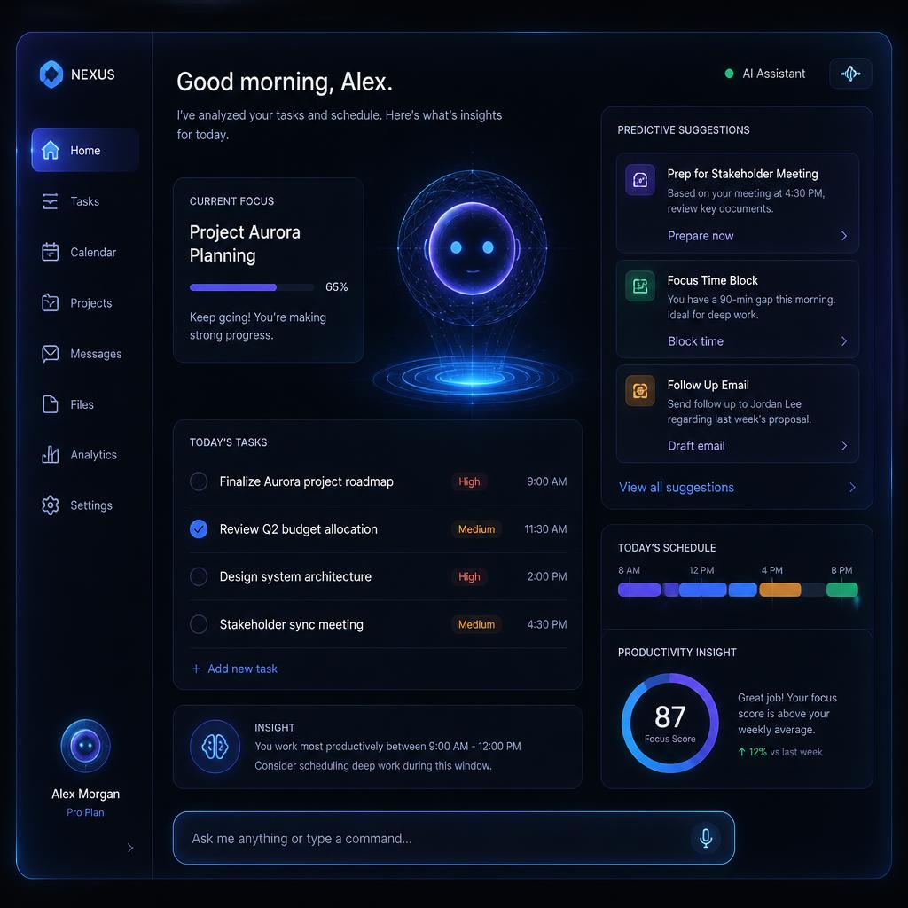 A clean futuristic interface showing a contextual smart assistant analyzing user tasks with predictive suggestions, dark background with holographic panels
