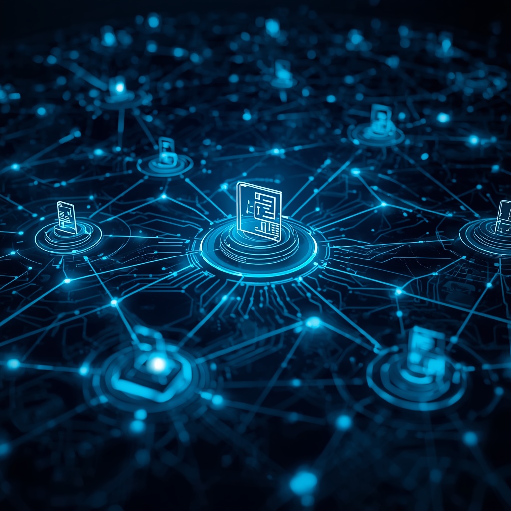 A futuristic network of interconnected smart digital assistants coordinating tasks across multiple devices, dark high-tech environment with glowing blue circuit patterns